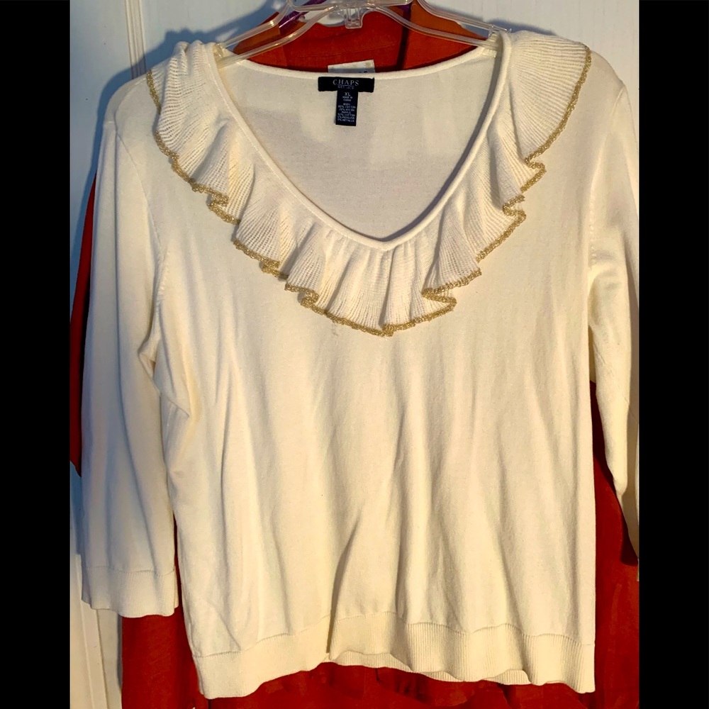 Chaps white v neck sweater with gold ruffled edge trim